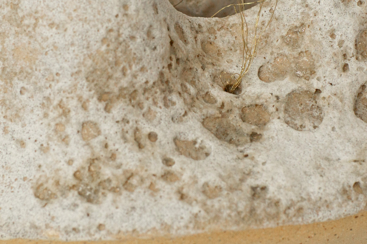 Close-up of textured ceramic surface and gold-tone wire
